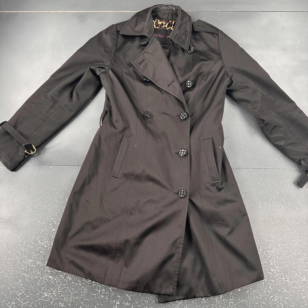 Betsy Johnson Trench Coat Womens Black Shiny Whimsigoth Pea Club Cheetah Lined - Picture 3 of 10